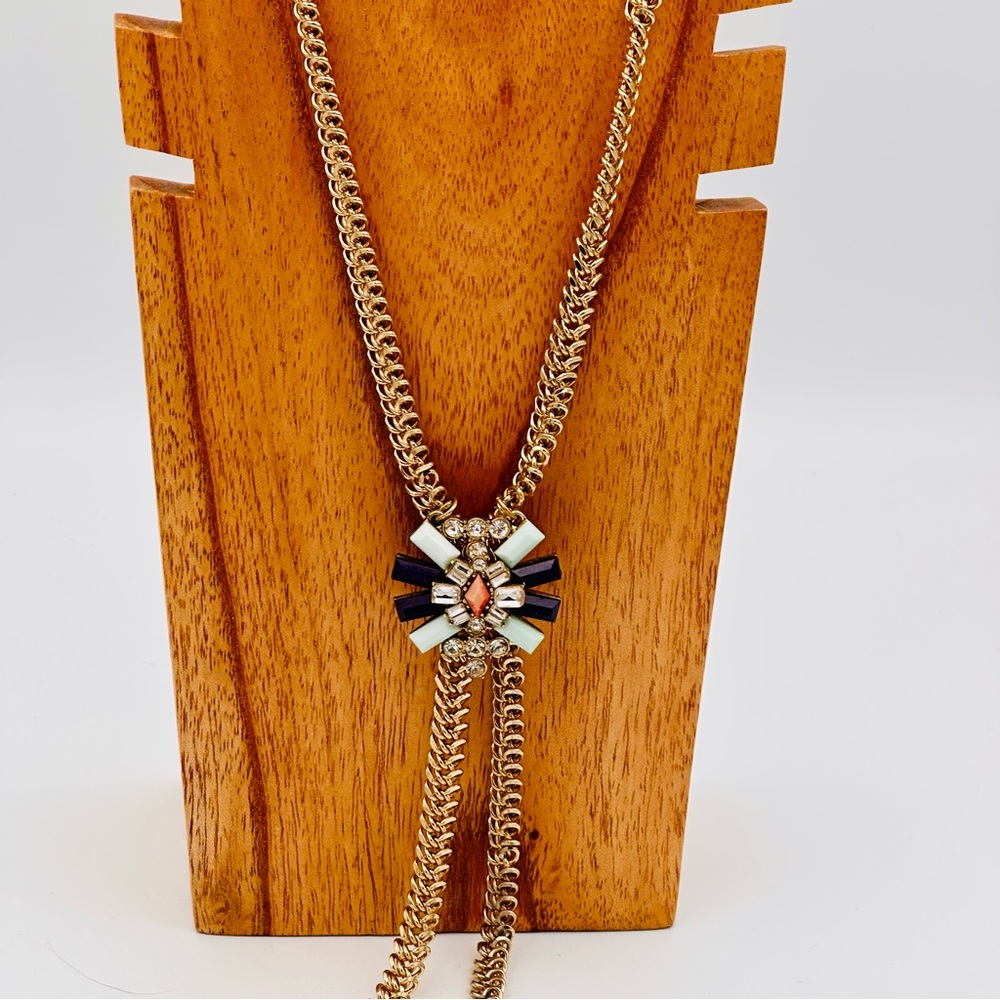 Multicolor Faux Crystal Cluster Acrylic Goldtone Statement Long Tassel Necklace